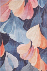 The Iris Abstract Floral Washable Rug - MDJ009 (Custom Size) features overlapping pastel shapes in pink, peach, blue, and cream on dark blue with fine gold lines—perfect for high-traffic areas.