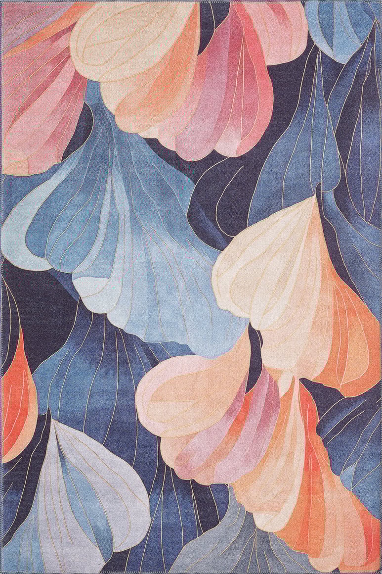 The Iris Abstract Floral Washable Rug - MDJ009 (Custom Size) features overlapping pastel shapes in pink, peach, blue, and cream on dark blue with fine gold lines—perfect for high-traffic areas.