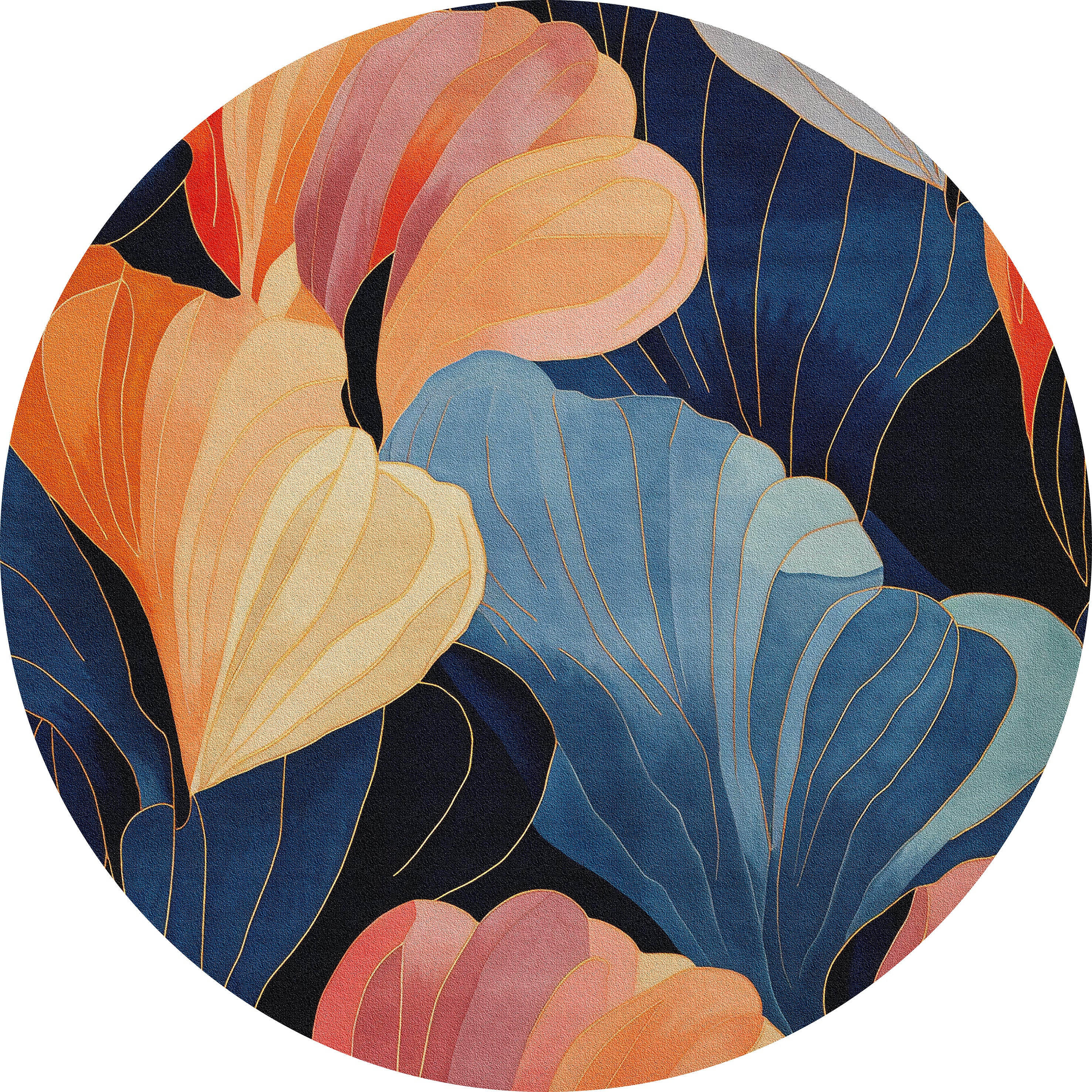 The Iris Abstract Floral Washable Rug - MDJ009 (Custom Size) features a round design with overlapping leaf shapes in orange, peach, blue, and navy, accented by fine gold lines on a dark background—ideal for high-traffic areas.