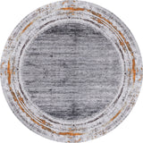 The Bold and Chic - Washable Rug - JR1198 (Outlet) US features a round flat weave with a distressed gray center and weathered border in gray, white, and brown tones for a vintage, rustic look. Allergy-friendly, it's ideal for easy cleaning and everyday living.