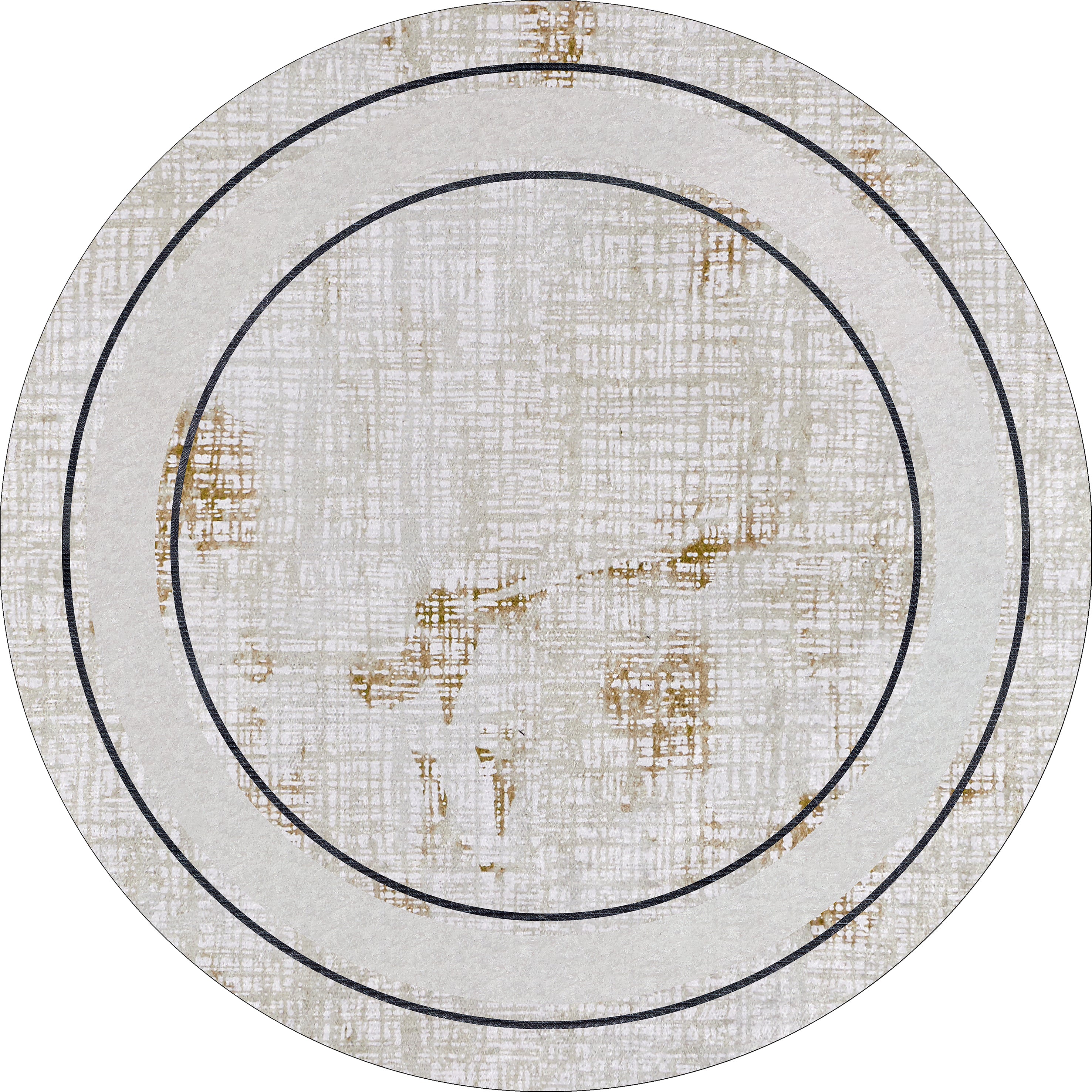 The Sleek and Contemporary - Washable Rug - JR1365 (Outlet) US features a textured, rustic white surface with cream and beige accents resembling flat weave patterns and two slim, dark concentric circles near the edge.