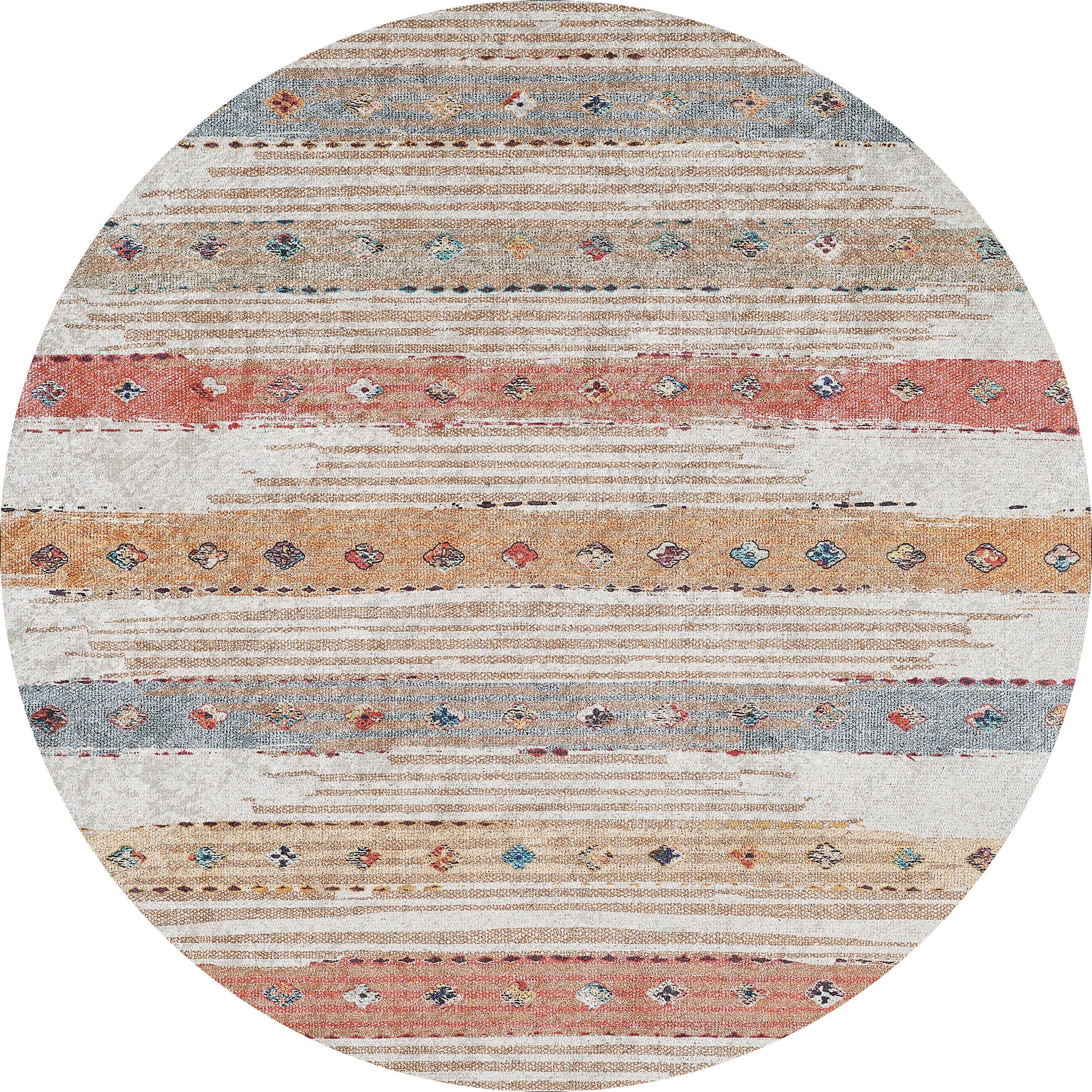 The Nomad's Nostalgia - Washable Rug - JR1669 (Custom Size) features multicolor horizontal stripes in beige, rust, blue, and tan with diamond and dot accents. Its rustic geometric style and distressed look make it ideal for high-traffic areas.
