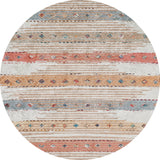 The Nomad's Nostalgia - Washable Rug - JR1669 (Custom Size) features multicolor horizontal stripes in beige, rust, blue, and tan with diamond and dot accents. Its rustic geometric style and distressed look make it ideal for high-traffic areas.