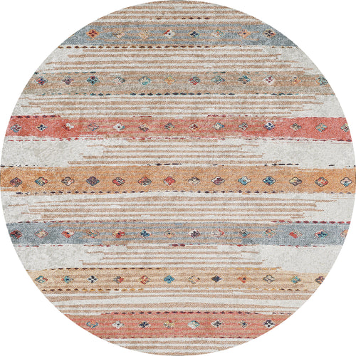 Load image 1 in gallery view. The Nomad's Nostalgia - Washable Rug - JR1669 (Custom Size) features multicolor horizontal stripes in beige, rust, blue, and tan with diamond and dot accents. Its rustic geometric style and distressed look make it ideal for high-traffic areas.