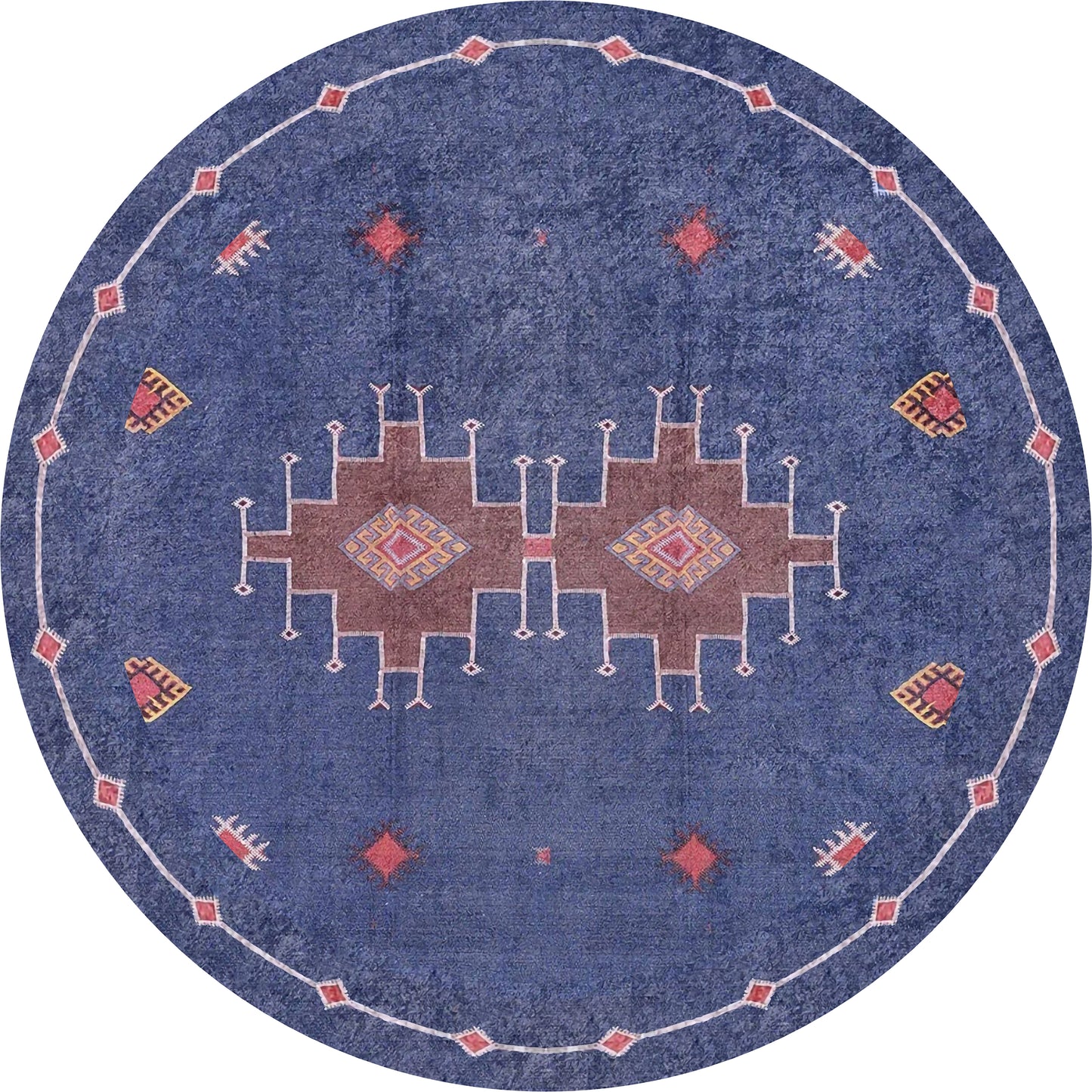 The Wanderer's Way - Washable Rug - JR5101 (Custom Size) is a round blue rug with brown, red, yellow, and white geometric patterns and decorative border—perfect for high-traffic areas.
