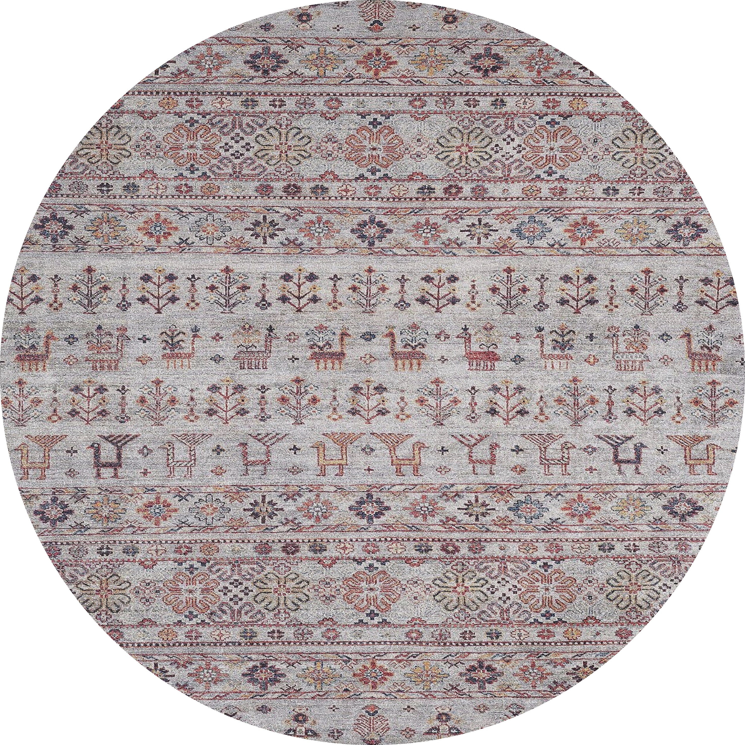 The Nomad's Nest - Washable Rug - JR5088 (Outlet) US is an oval flat weave rug with a light gray background, detailed floral, tree, and animal motifs in muted tones—ideal for high-traffic areas and easy to clean.