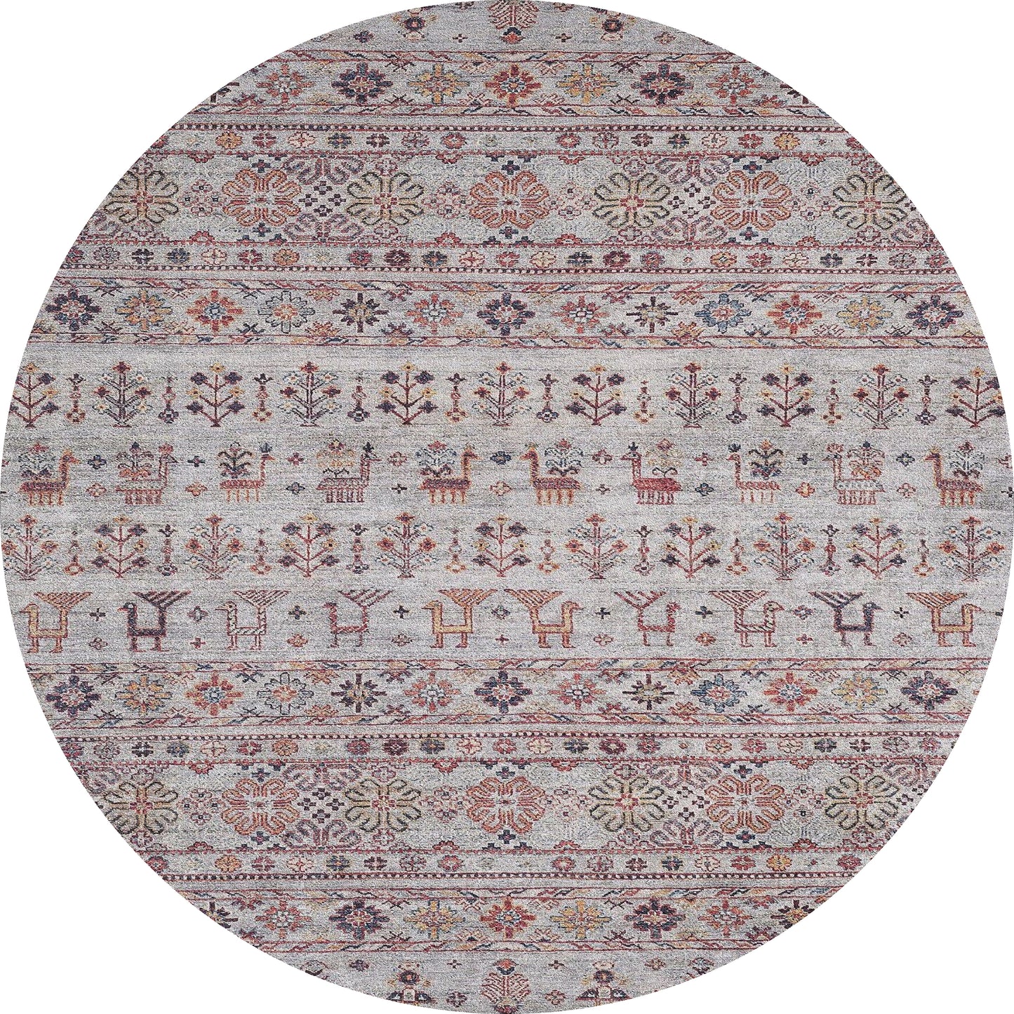 The Nomad's Nest - Washable Rug - JR5088 is an oval-shaped, light gray rug with symmetrical geometric, floral, tree, and animal motifs in red, orange, blue, and brown—perfect for high-traffic areas.