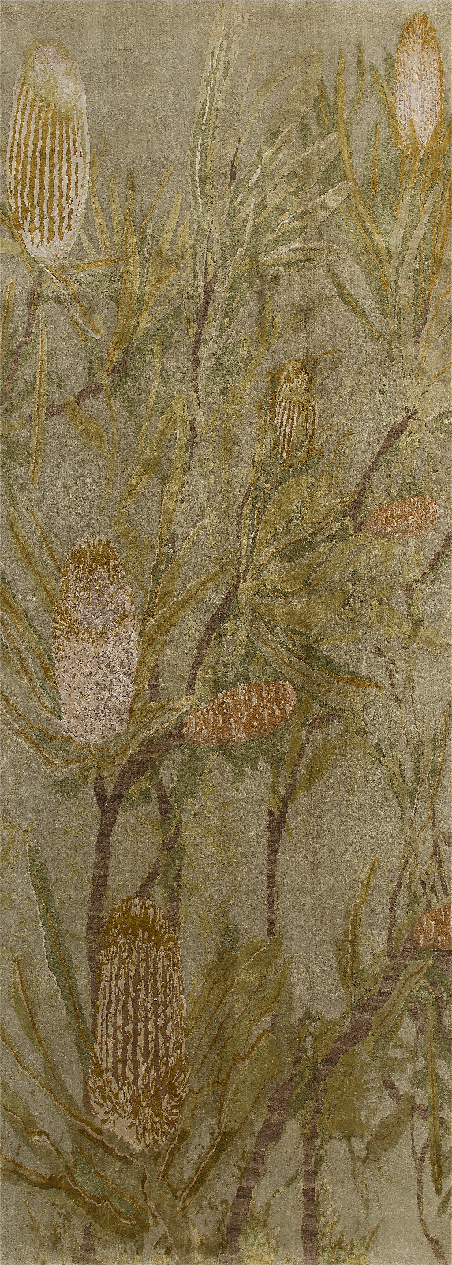 The Dreamweaver's Loom - Washable Rug - JRS001 features a flat weave with intricate green leaves and large brown-yellow protea flowers on a muted beige background, adding nature-inspired elegance and easy-care style to any space.