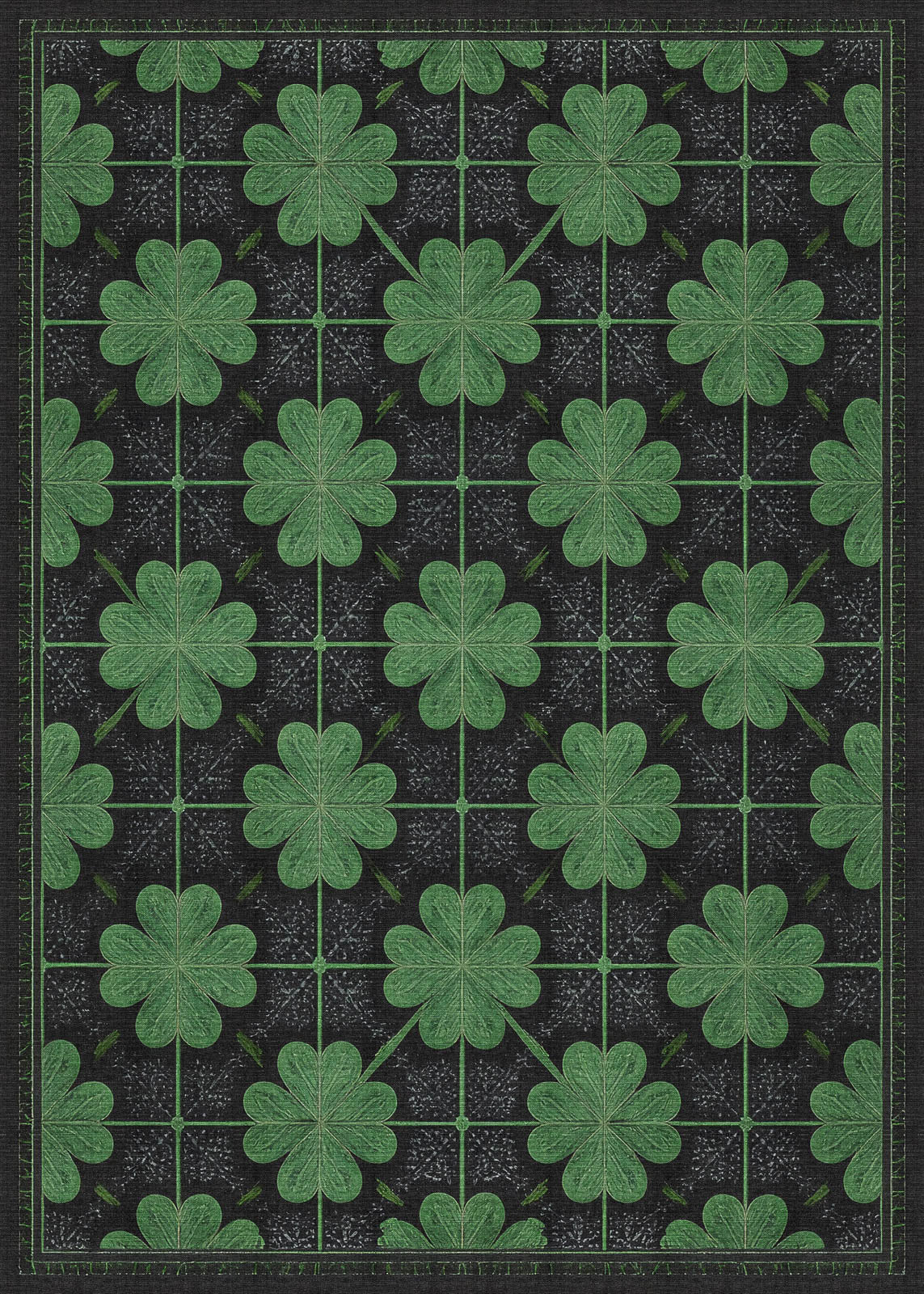 The Clover Noir - Washable Rug (JRS012) features evenly spaced green four-leaf clovers with lighter green outlines on a black background—a durable, stylish choice for high-traffic areas.