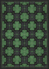 The Clover Noir - Washable Rug (JRS012) features evenly spaced green four-leaf clovers with lighter green outlines on a black background—a durable, stylish choice for high-traffic areas.