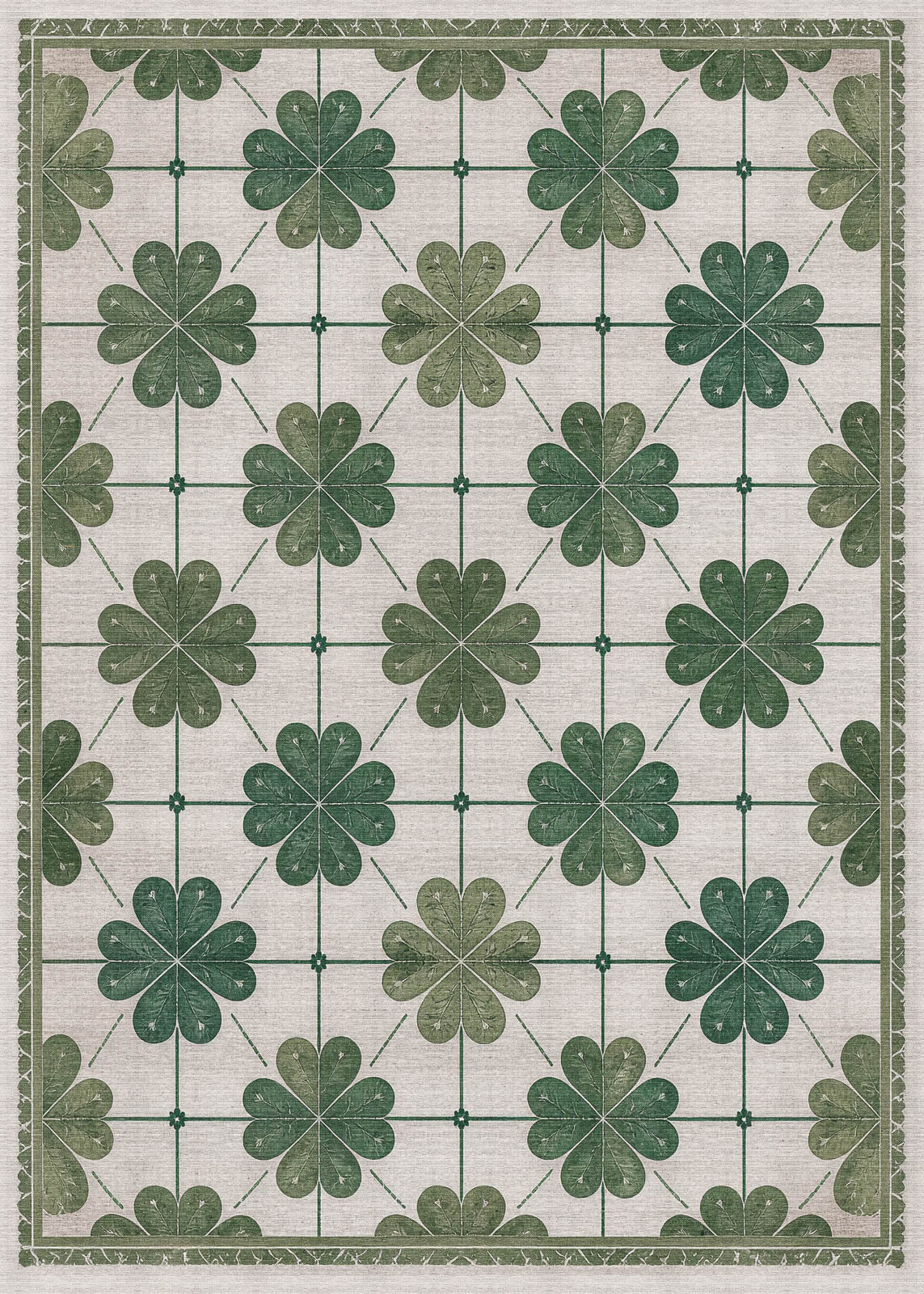 Emerald Charm - Washable Rug - JRS013 (Custom Size) features a modern cotton design with a green four-leaf clover grid and heart details on a light background, finished with a matching border for practical, stylish décor.