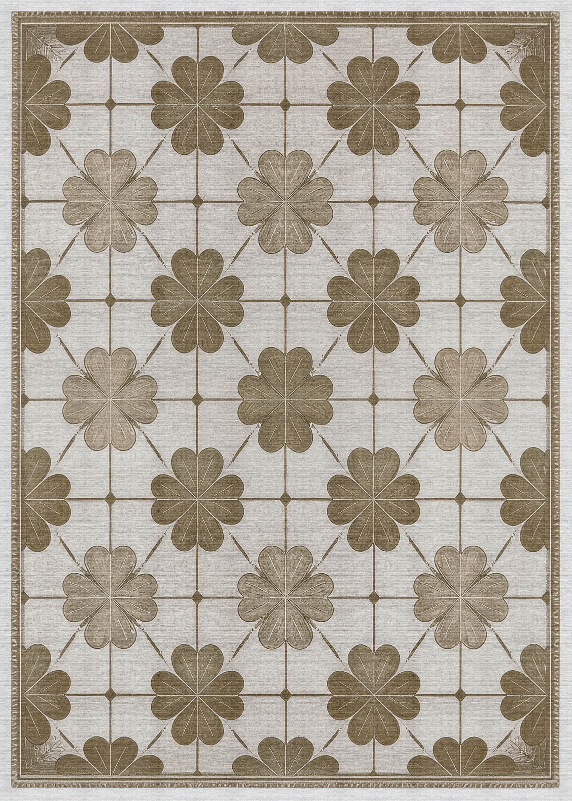 The Ivory Clover - Washable Rug (JRS014) features a rectangular shape with tan four-leaf clover motifs linked by fine lines on a light beige base, finished with a brown border—durable and perfect for high-traffic spaces.