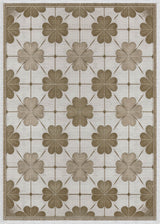 The Ivory Clover - Washable Rug (JRS014) features a rectangular shape with tan four-leaf clover motifs linked by fine lines on a light beige base, finished with a brown border—durable and perfect for high-traffic spaces.