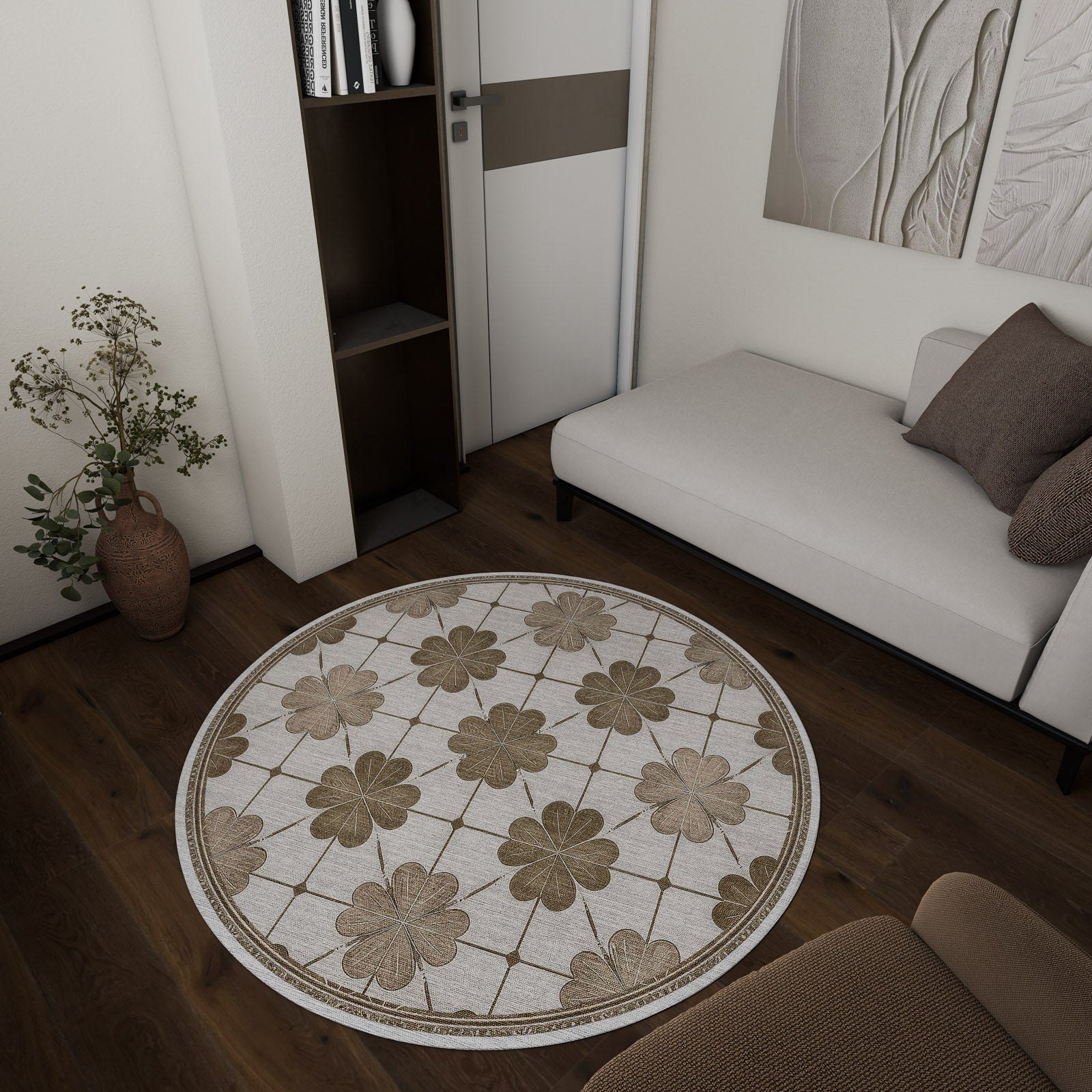 Ivory Clover Floral Bronze Washable Rug | JUSTRUG