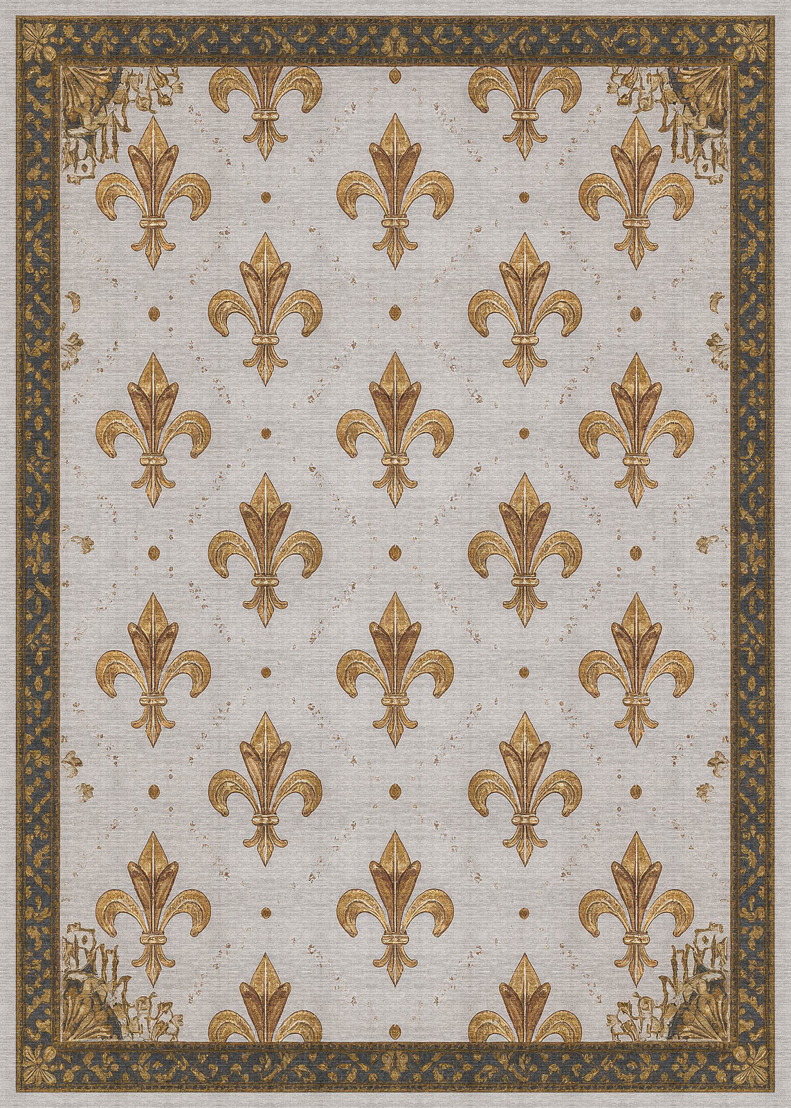 The Golden Crest - Washable Rug - JRS015 (Custom Size) features a gold fleur-de-lis pattern on a light background with black and gold borders. This durable rug is washable and ideal for high-traffic, allergy-sensitive homes.