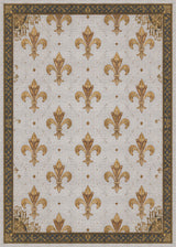 The Golden Crest - Washable Rug - JRS015 (Custom Size) features a gold fleur-de-lis pattern on a light background with black and gold borders. This durable rug is washable and ideal for high-traffic, allergy-sensitive homes.