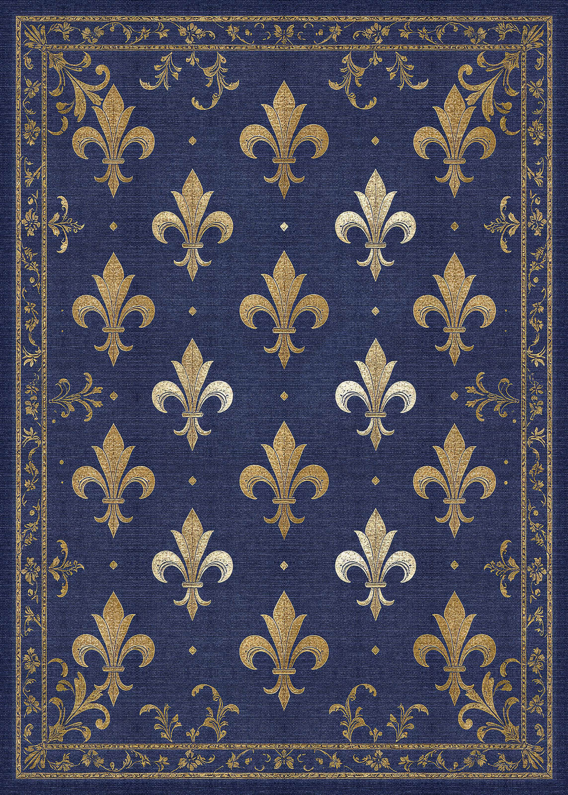 The Royal Fleur - Washable Rug - JRS016 features a navy blue background with gold and silver fleur-de-lis motifs and an ornate gold floral border—durable, stylish, and ideal for high-traffic areas.