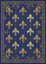 The Royal Fleur - Washable Rug - JRS016 features a navy blue background with gold and silver fleur-de-lis motifs and an ornate gold floral border—durable, stylish, and ideal for high-traffic areas.
