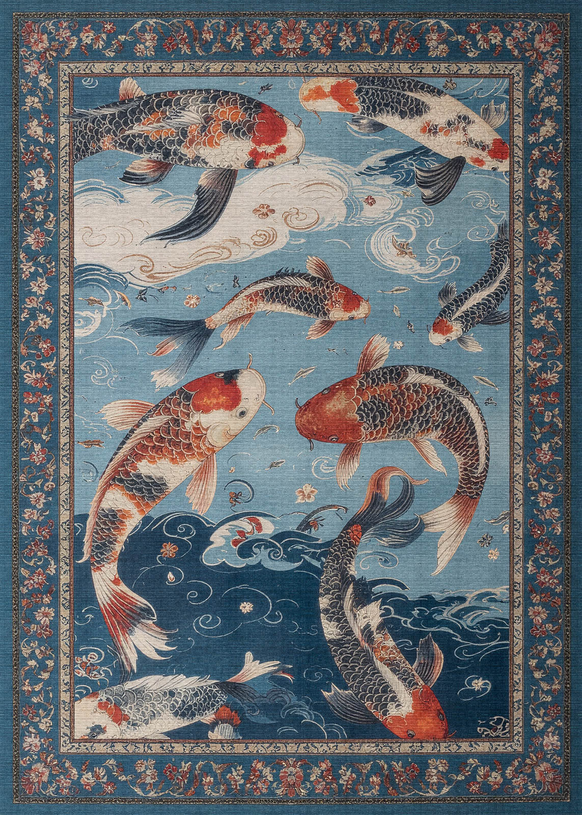 The Celestial Tide - Washable Rug (JRS019) features vibrant koi fish, waves, and clouds on a blue background with floral motifs and a detailed border—an eye-catching, washable accent ideal for modern spaces.