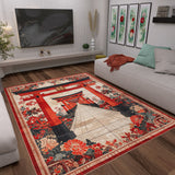 A modern living room with light gray sofas, colorful cushions, and the Crimson Gate - Washable Rug - JRS020 featuring a Japanese torii gate and floral patterns. Floral artwork decorates the wall above the sofa.