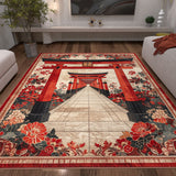 The Crimson Gate - Washable Rug (JRS020) features a pathway through red torii gates framed by vibrant flowers, perfect for enhancing modern living rooms with sofas, a TV, and plants.