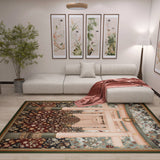 A modern living room with a white sectional sofa, single cushion, red throw blanket, and Blossom Path - Washable Rug - JRS021 on the floor. Four botanical art panels, a floor lamp, and a potted plant complete the contemporary space.