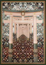 The Blossom Path - Washable Rug - JRS021 features stylized Japanese torii gates in soft pinks, receding over an ornate floral design—rich colors and intricate details add life to modern interiors.