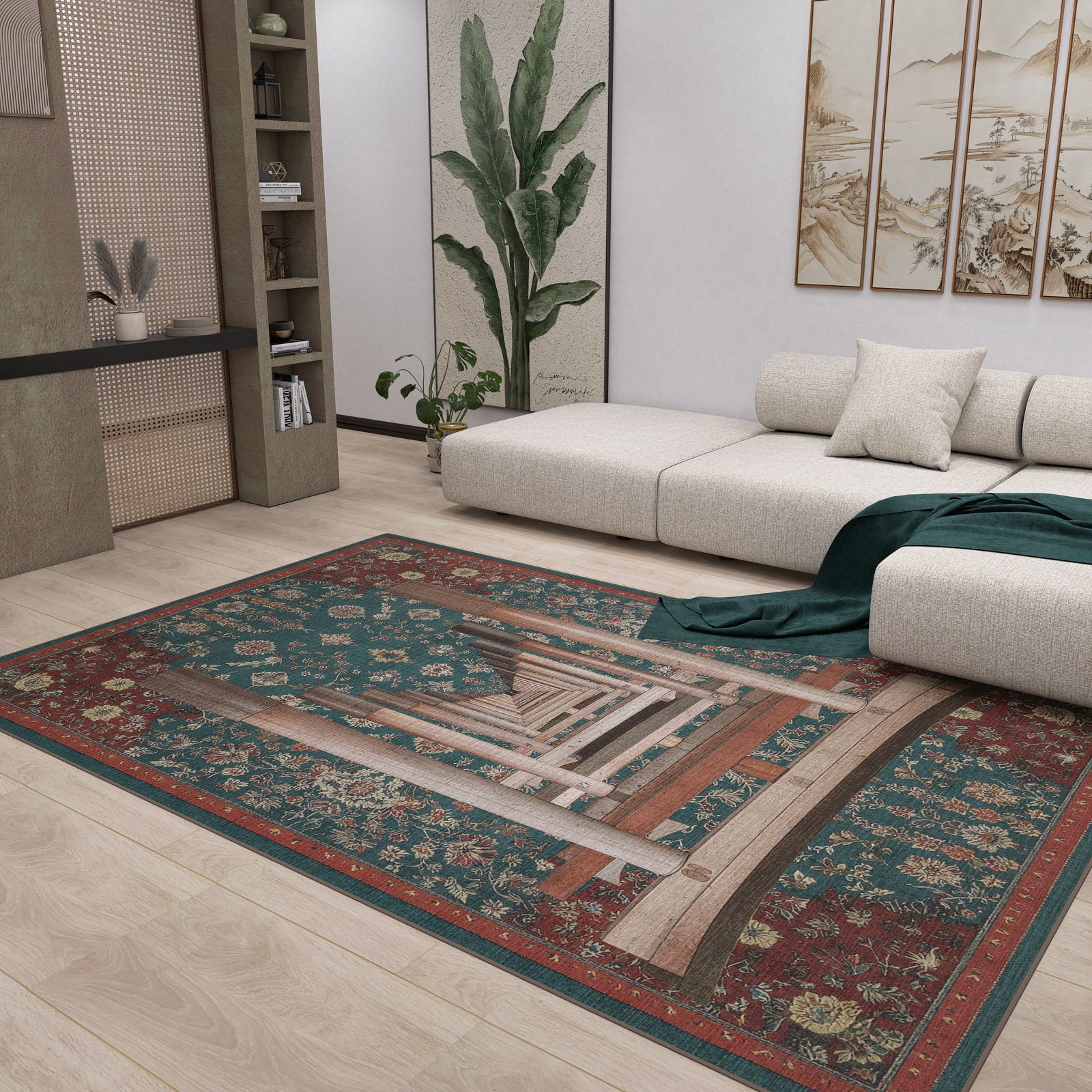 A modern living room featuring the Verdant Frame - Washable Rug - JRS022 with geometric and floral designs, a light sectional sofa, green throw, decorative pillows, potted plant, wall art, shelving—ideal for wood floors in contemporary spaces.