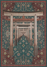 The Verdant Frame - Washable Rug (JRS022) features traditional Japanese torii gates on a teal and red backdrop inspired by ornate Persian carpets, blending geometric and floral patterns for a visually rich, layered effect.