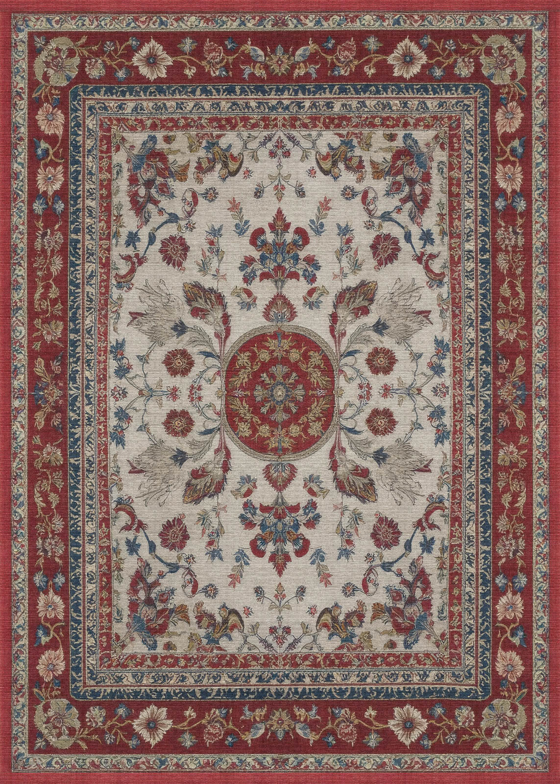 The Imperial Rose - Washable Rug (JRS023) features a Persian-style flat weave with a red border, intricate floral designs in red, blue, green, and gold, and a central medallion on cream. Multiple elegant borders complete the look.