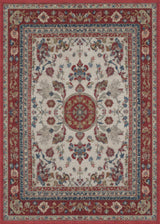 The Imperial Rose - Washable Rug (JRS023) features a Persian-style flat weave with a red border, intricate floral designs in red, blue, green, and gold, and a central medallion on cream. Multiple elegant borders complete the look.