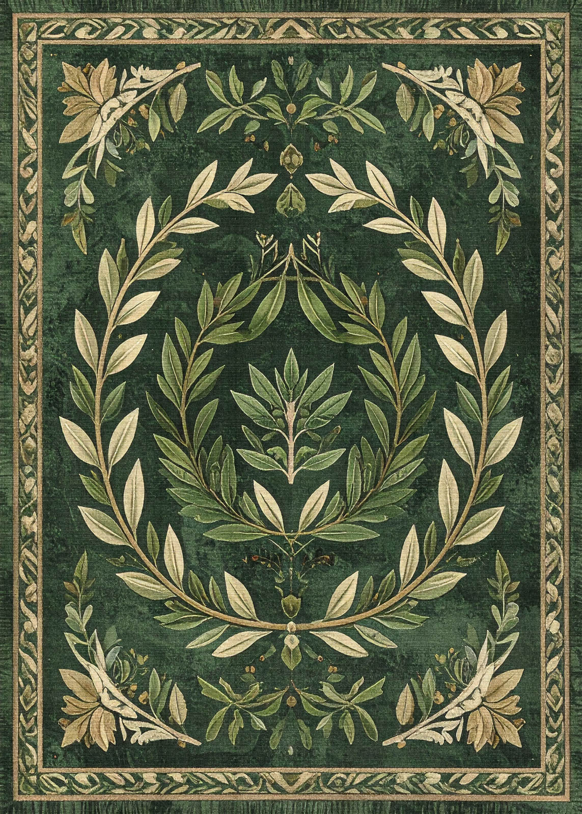 The Laurel Crown - Washable Rug (JRS024) features ornate cream and light green laurel wreaths and leafy floral patterns, framed by a decorative border—an elegant, easy-care choice for enhancing modern interiors.