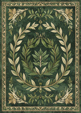 The Laurel Crown - Washable Rug (JRS024) features ornate cream and light green laurel wreaths and leafy floral patterns, framed by a decorative border—an elegant, easy-care choice for enhancing modern interiors.