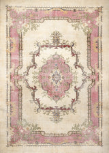 The Petal Mist - Washable Rug - JRS025 features a vintage-inspired faded floral pattern with a central medallion, ornate borders, and decorative motifs in pink and cream on a light beige background—ideal for adding classic charm to contemporary spaces.