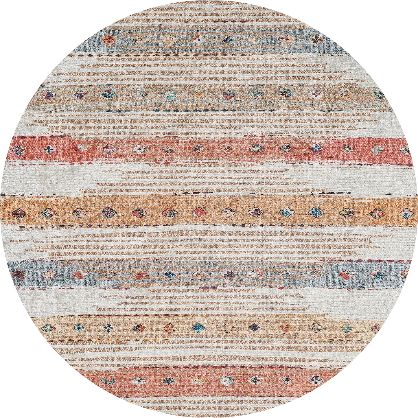 The Nomad's Nostalgia - Washable Rug (JR1669) is an oval multicolor rug with horizontal stripes in beige, coral, blue, and tan, plus diamond and dot patterns—stylish and perfect for high-traffic areas.