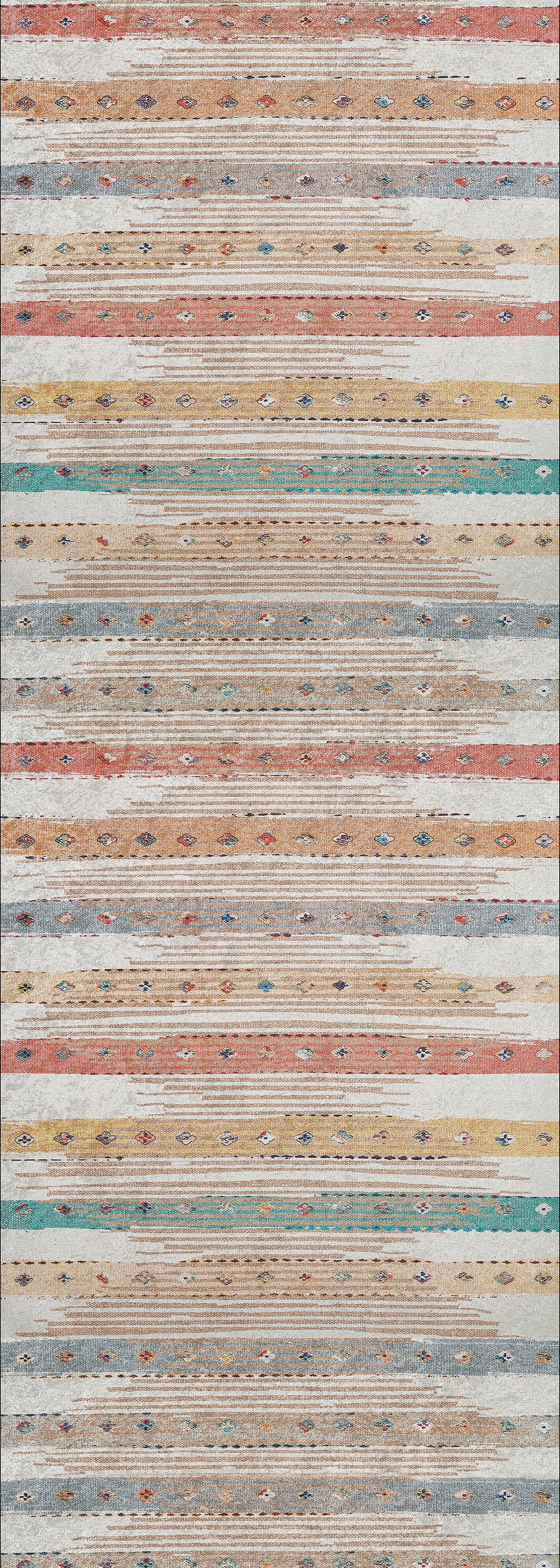 Add color to high-traffic areas with the Nomad's Nostalgia - Washable Rug (JR1669). This vibrant multicolor rug features orange, yellow, blue, green, and beige stripes, diamond accents, and a slightly distressed look.
