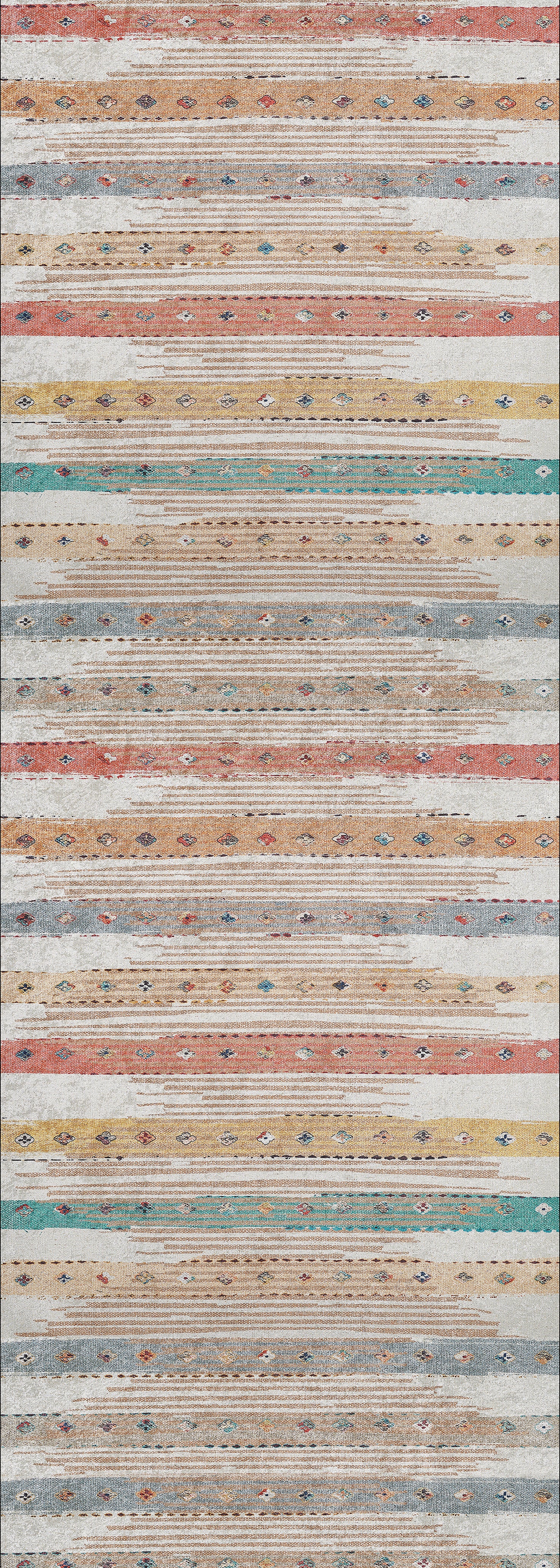 Add color to high-traffic areas with the Nomad's Nostalgia - Washable Rug (JR1669). This vibrant multicolor rug features orange, yellow, blue, green, and beige stripes, diamond accents, and a slightly distressed look.