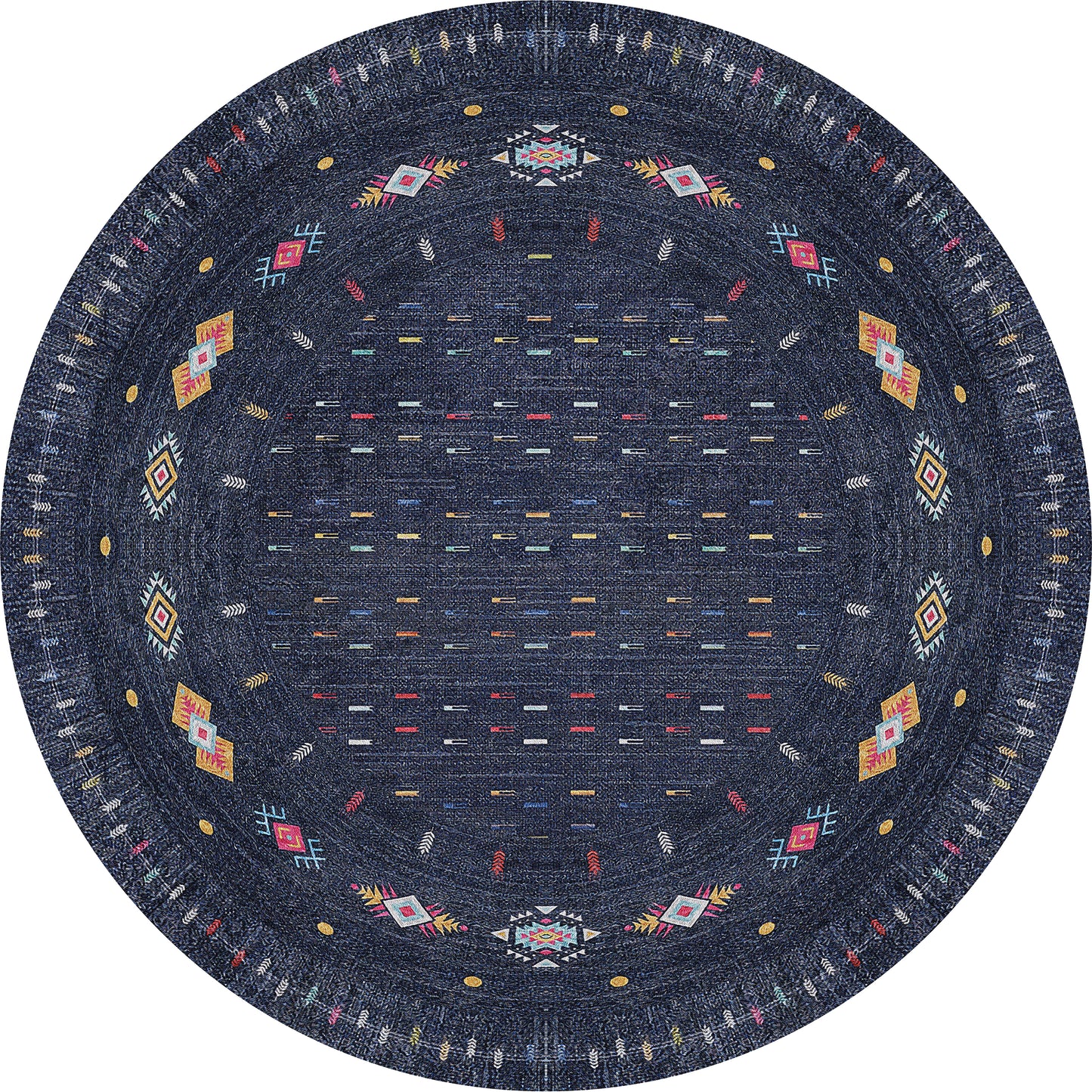 The Wanderer's Way - Washable Rug - JR5101 is a round blue rug with a dark background and colorful, symmetrical geometric and diamond patterns in red, yellow, white, and pink—ideal for high-traffic areas.