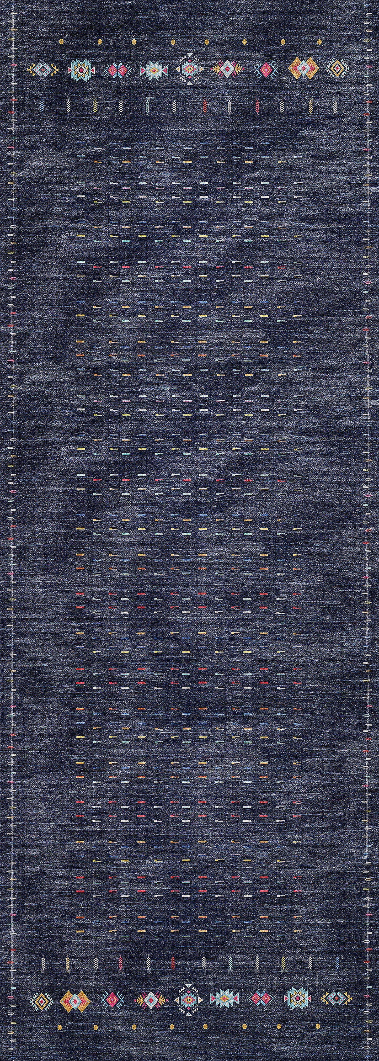 The Wanderer's Way - Washable Rug - JR5101 is a rectangular dark blue rug with small, colorful geometric patterns on the top and bottom edges and sparse multicolored stitched lines in the center—ideal for high-traffic areas.