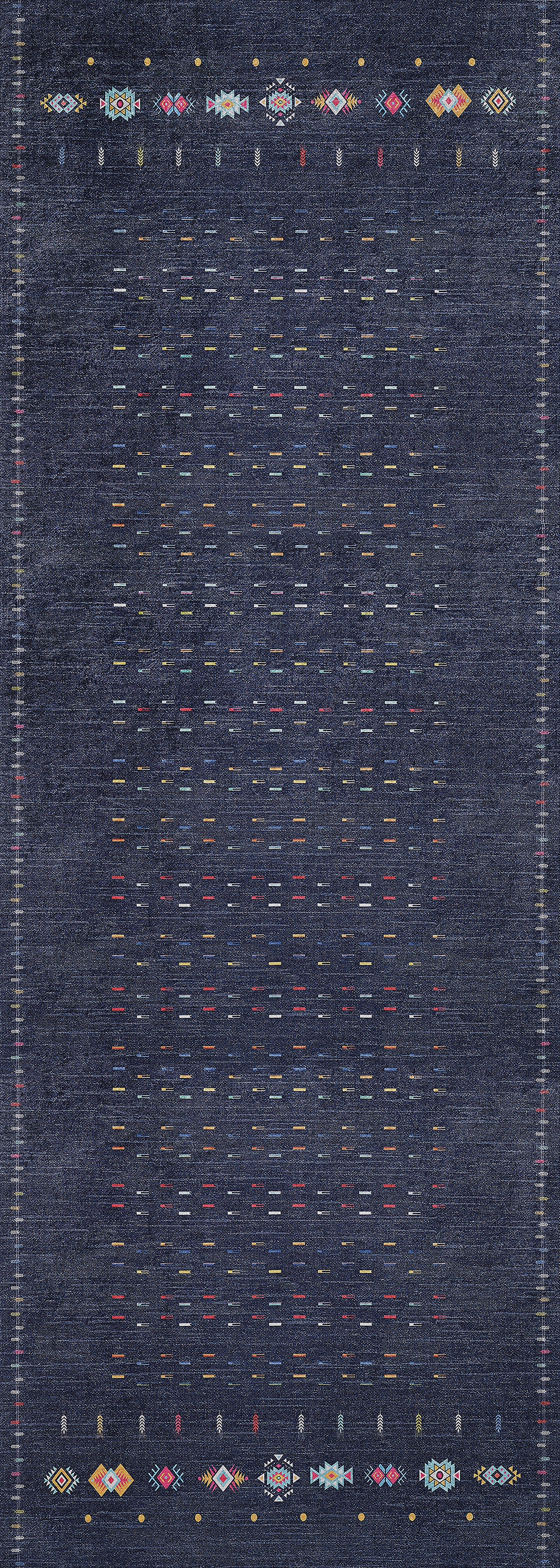 The Wanderer's Way - Washable Rug - JR5101 is a rectangular dark blue rug with small, colorful geometric patterns on the top and bottom edges and sparse multicolored stitched lines in the center—ideal for high-traffic areas.