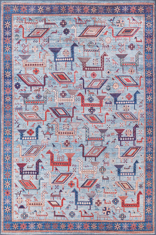 Load image 1 in gallery view. The Birdwatcher's Dream Blue Washable Rug - LCC3020 features geometric shapes and stylized animal patterns in red, blue, and cream on a light blue background with floral borders—ideal for high-traffic areas. Custom size available.