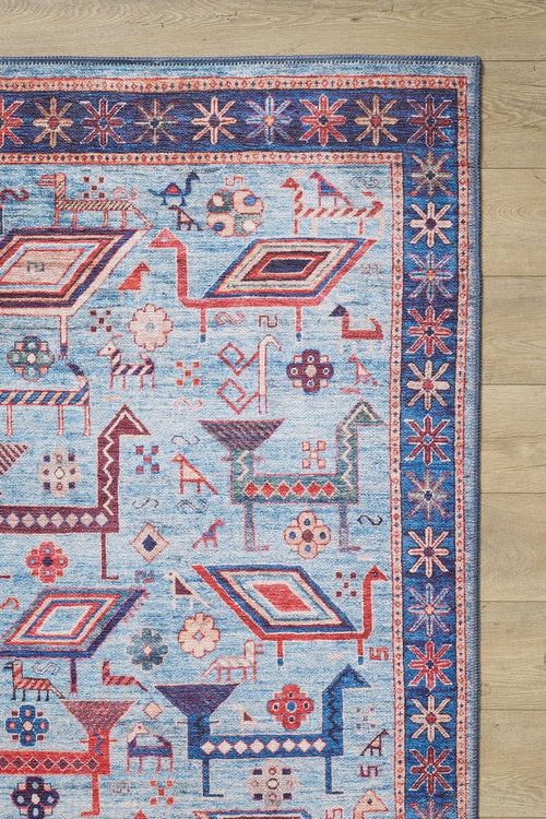 Load image 1 in gallery view. The Birdwatcher's Dream Blue Washable Rug - LCC3020 (Custom Size) features colorful geometric and animal patterns in blue, red, pink, and cream with a detailed border—ideal for high-traffic spaces and easy to clean.