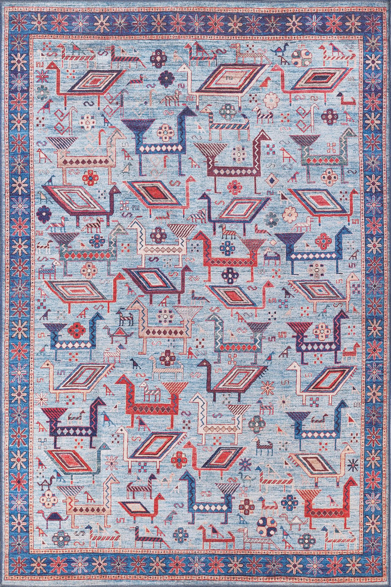 The Birdwatcher's Dream Blue Washable Rug - LCC3020 features an intricate geometric and abstract animal design in red, navy, and white with a star and floral border, making it ideal for high-traffic areas.