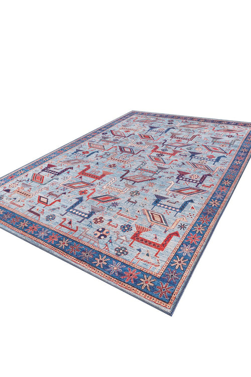 Load image 1 in gallery view. The Birdwatcher's Dream Blue Washable Rug - LCC3020 features a light blue background, colorful geometric patterns, and animal motifs. Its detailed blue border and washable material make it ideal for high-traffic areas. Available in custom sizes.