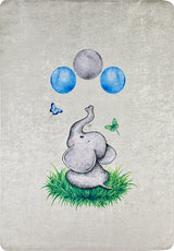 A cute gray baby elephant with three balloons sits on grass as blue and green butterflies flutter nearby, all atop the Joyful Elephant - Machine-Washable Rug JRC026 (Custom Size) featuring a light, textured background.