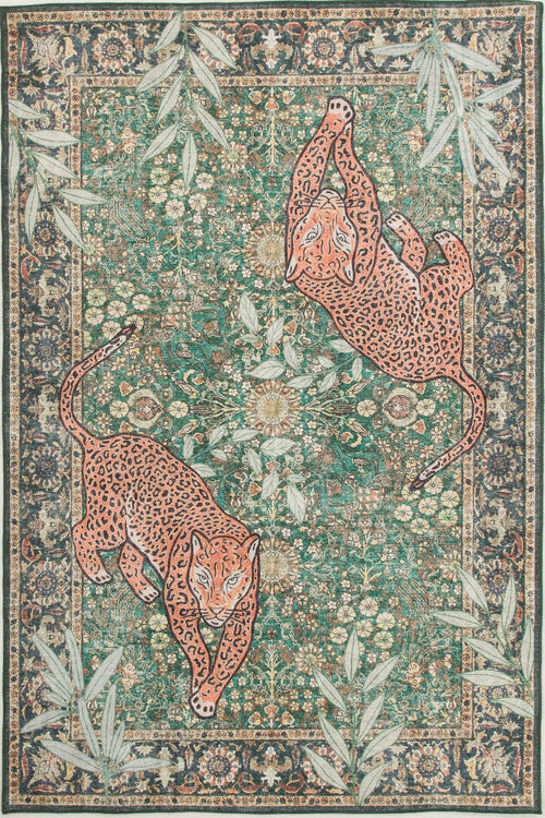 Bild 1 in Galerieansicht laden. The Jungle Ember - Washable Rug (JR0047) features two orange leopards facing opposite directions amid lush green foliage and detailed floral patterns, creating a stylish and charming decorative accent for your space.