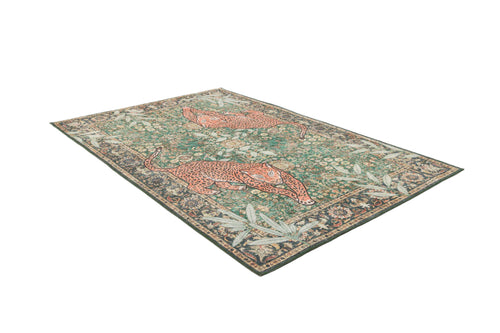 Bild 1 in Galerieansicht laden. The Jungle Ember - Washable Rug - JR0047 is a rectangular green area rug with a floral background, two orange leopards in the center, and a decorative geometric border. Its bold design and washable fabric add standout style to any room.