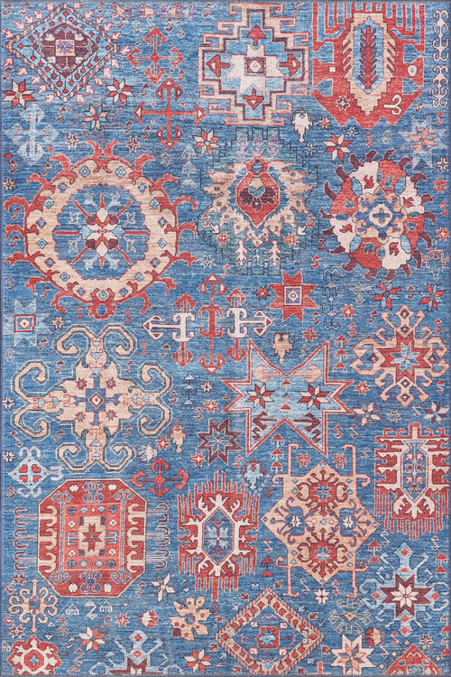 Load image 1 in gallery view. The Kaleidos Authentic Blue Washable Rug - LCC3028 features intricate geometric and medallion floral patterns in blue, red, orange, and cream—ideal for high-traffic areas while adding vibrant style to your space.