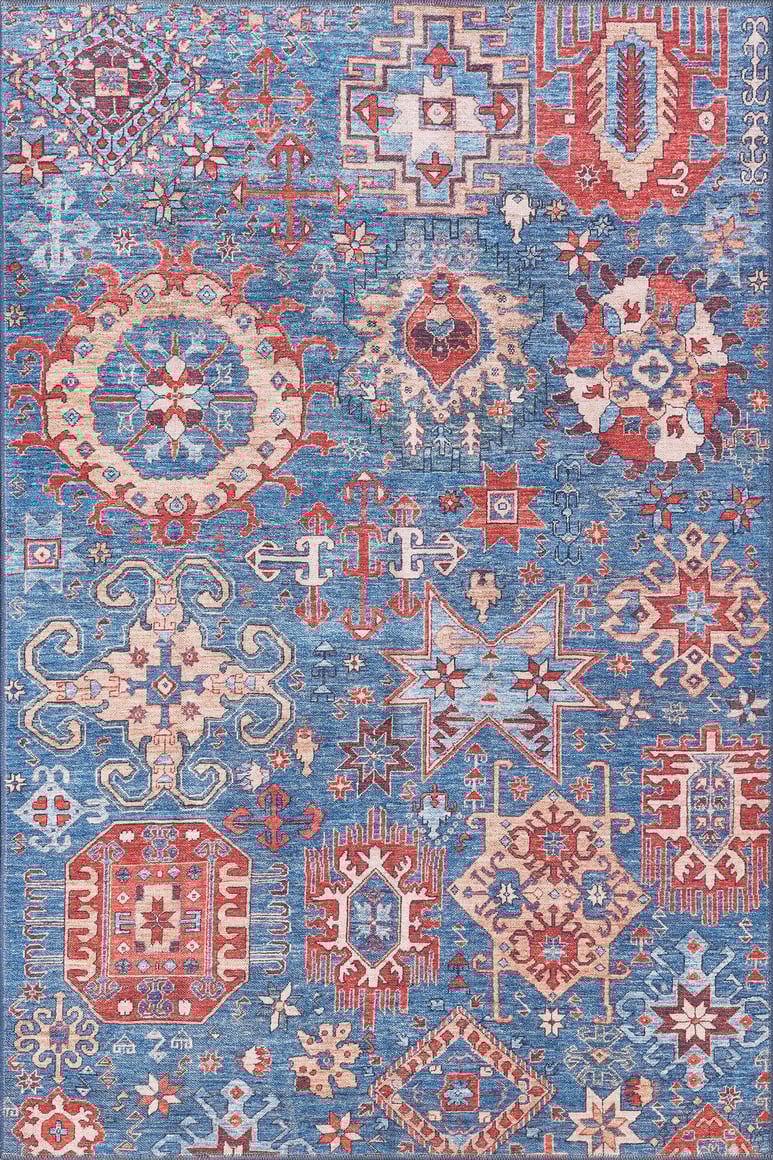 The Kaleidos Authentic Blue Washable Rug - LCC3028 features intricate geometric and medallion floral patterns in blue, red, orange, and cream—ideal for high-traffic areas while adding vibrant style to your space.