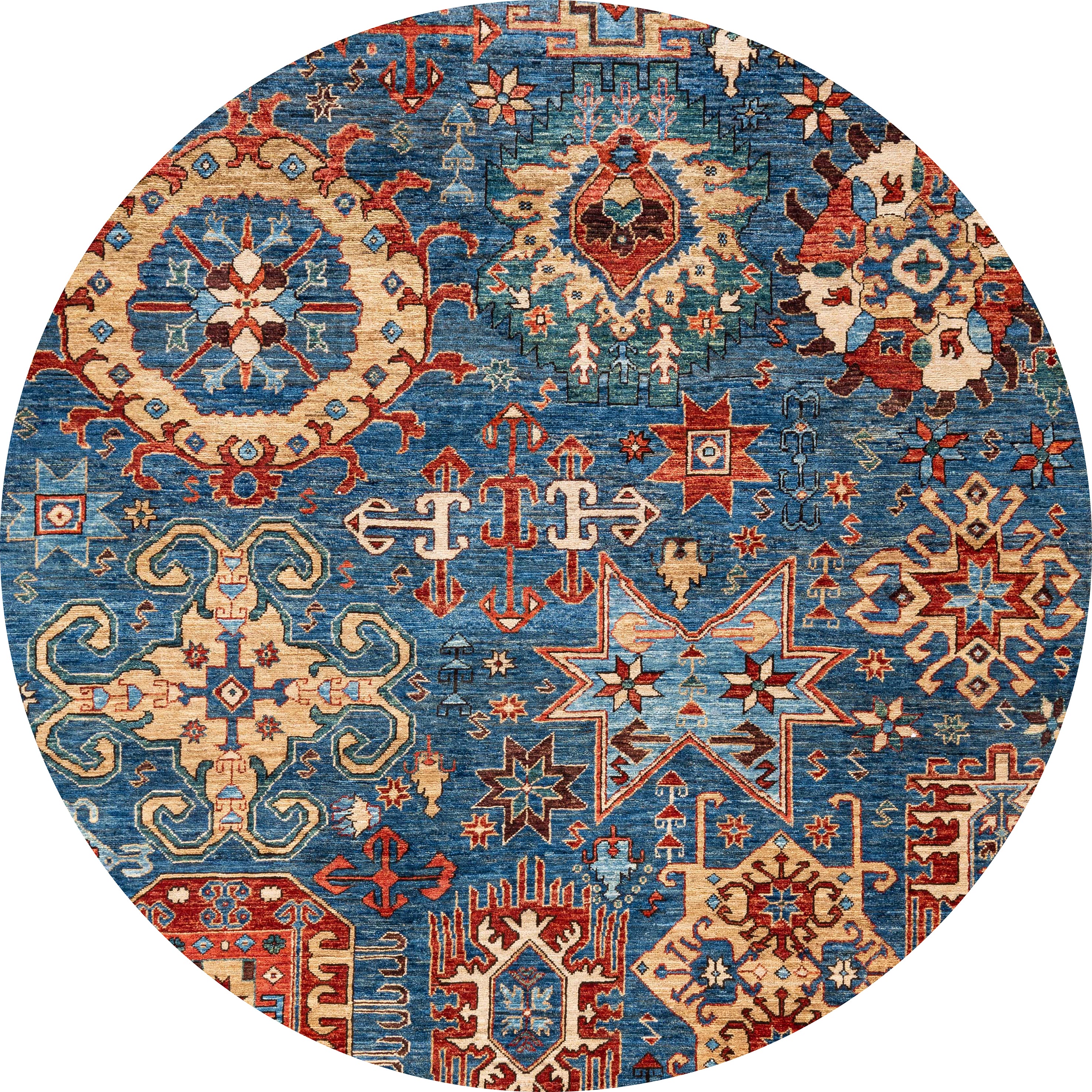 The Kaleidos Authentic Blue Washable Rug - LCC3028 features an intricate geometric and floral pattern in red, beige, and gold. Its traditional motifs and durable design make it ideal for high-traffic areas while adding vibrant style.
